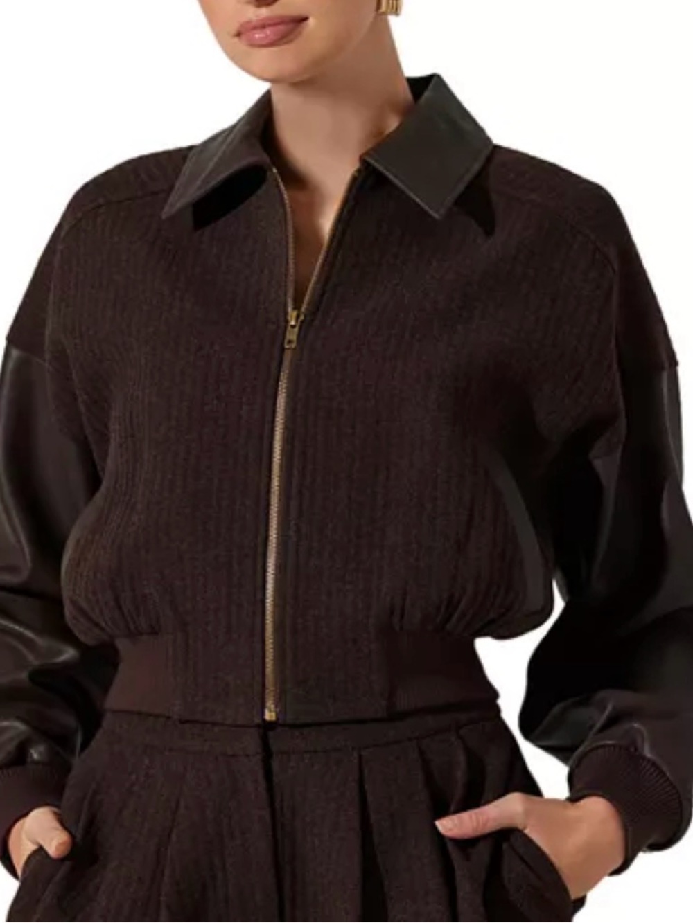 Astr Dark Brown Bomber Jacket with Leather Trim